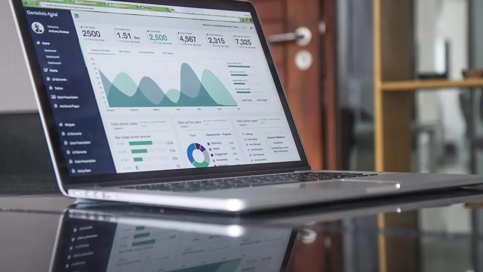 Laptop menampilkan dashboard grafik statistik di atas meja